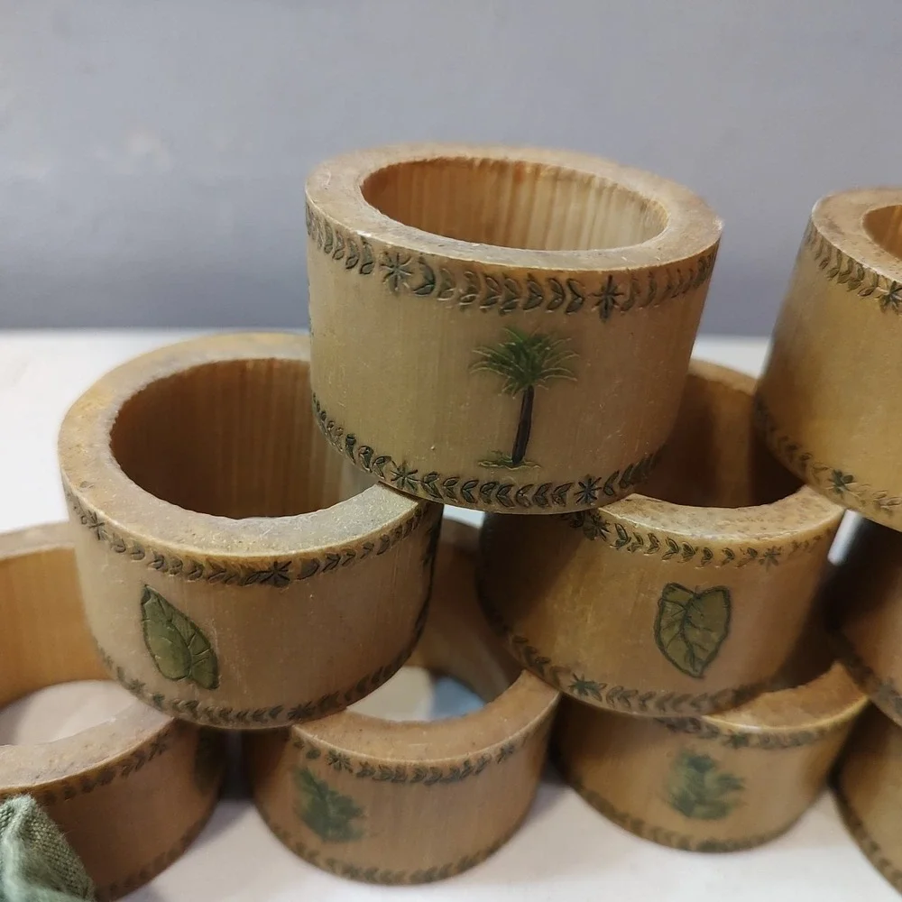 Coastal Core Bamboo Napkin Ring Holders 10 Piece Set‎ Textured Hand Painted